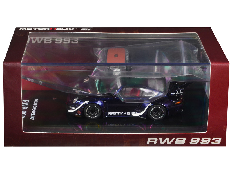 RWB 993 Army Girl Blue Metallic with White Accents and Display Engin 1/64 Diecast Model Car MotorHelix M62205