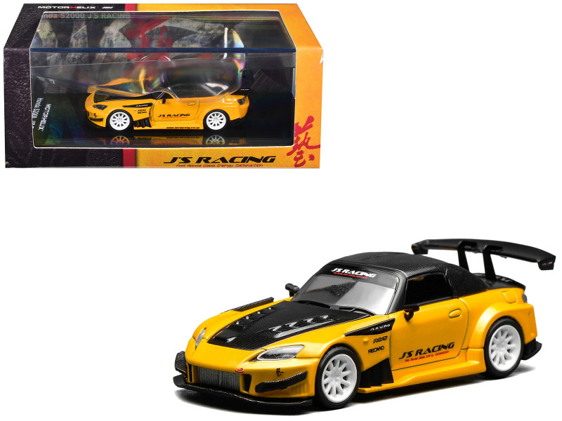 Honda S2000 RHD Right Hand Drive J's Racing New Indy Yellow Pearl with Carbon Hood and Top 1/64 Diecast Model Car MotorHelix M65146