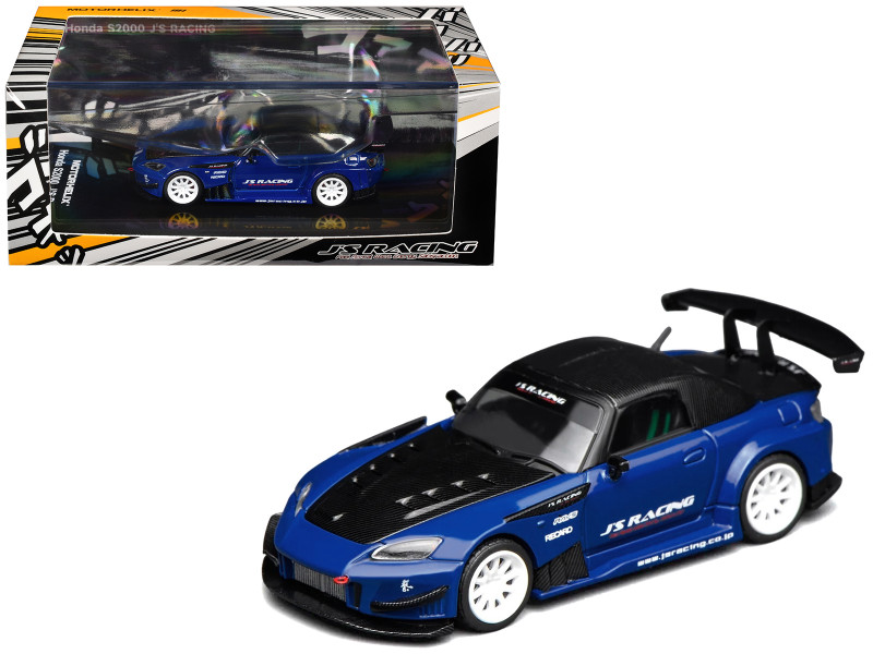 Honda S2000 RHD Right Hand Drive J's Racing Apex Blue Pearl with Carbon Hood and Top 1/64 Diecast Model Car MotorHelix M65152