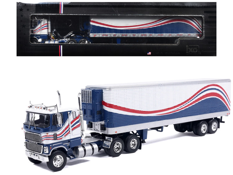 1976 Ford CL 9000 Truck with Refrigerated Trailer Blue and White with Stripes 1/64 Diecast Model Car IXO Models U64TRTR001S