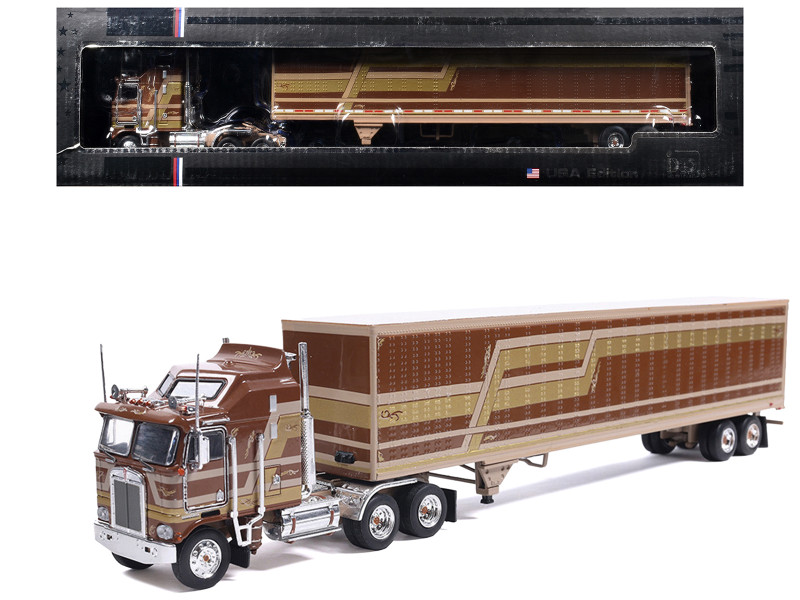 1976 Kenworth K100 Aerodyne Truck with Modern Trailer Brown with Tan and Gold Stripes 1/64 Diecast Model Car IXO Models U64TRTR003M