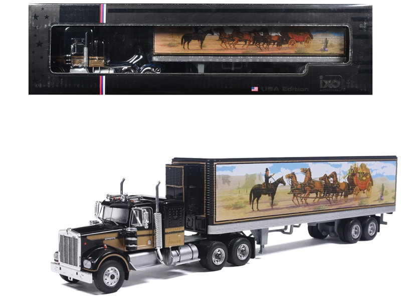 Kenworth W900 Truck with Refrigerated Trailer Black with Tan Stripes and Trailer Graphics 1/64 Diecast Model Car IXO Models U64TRTR004S