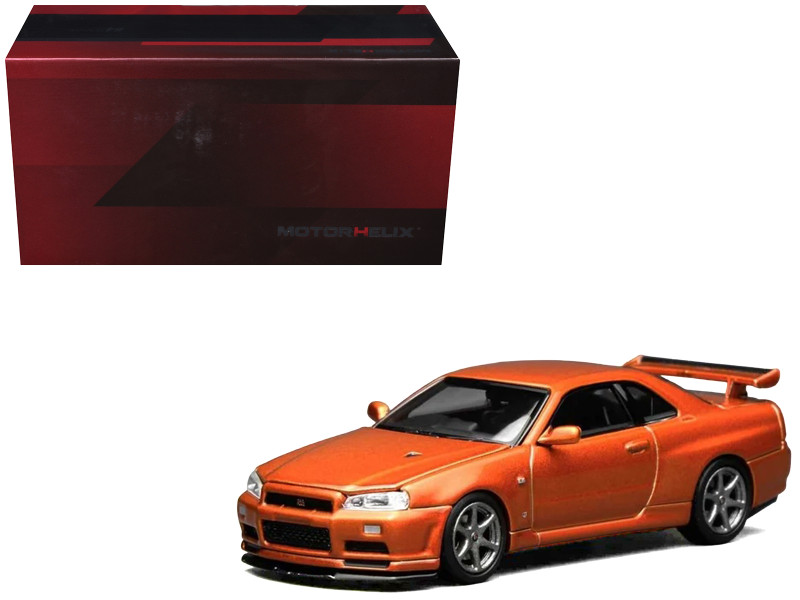 Nissan Skyline GT-R R34 V-Spec II RHD Right Hand Drive Orange Metallic Senior 64 Series 1/64 Diecast Model Car MotorHelix M63471