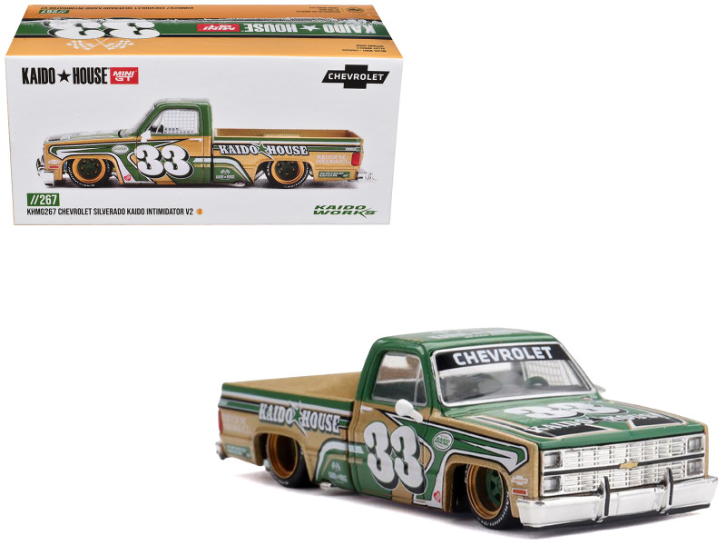 Chevrolet Silverado Pickup Truck #33 Kaido Intimidator V2 Green and Gold with Graphics Designed by Jun Imai Kaido House Special 1/64 Diecast Model Car Mini GT KHMG267