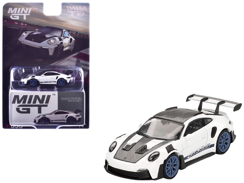 Porsche 911 (992) GT3 RS Weissach Package White with Carbon Top and Hood and Indigo Blue Wheels Limited Edition 1/64 Diecast Model Car Mini GT MGT00853