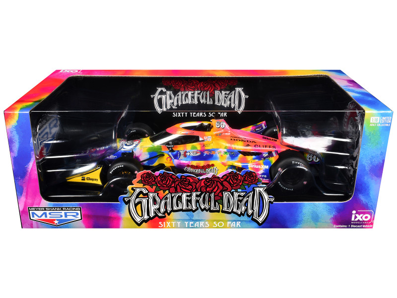Dallara IndyCar #60 Grateful Dead - Sixty Years So Far Tie-Dye Livery Meyer Shank Racing Road Course Configuration 1/18 Diecast Model Car IXO Models IND18052