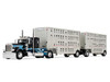Peterbilt 389 with 36" Flat Top Sleeper and 28' Wilson Silverstar Double Livestock Trailers Black with Cyan Stripes 1/64 Diecast Model First Gear 60-2341
