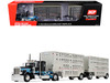 Peterbilt 389 with 36" Flat Top Sleeper and 28' Wilson Silverstar Double Livestock Trailers Black with Cyan Stripes 1/64 Diecast Model First Gear 60-2341