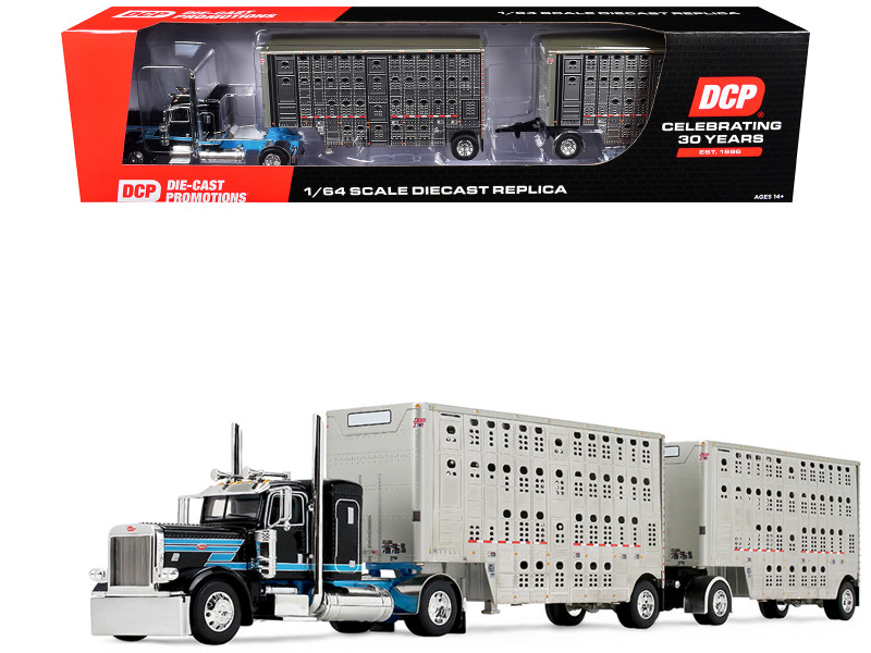 Peterbilt 389 with 36" Flat Top Sleeper and 28' Wilson Silverstar Double Livestock Trailers Black with Cyan Stripes 1/64 Diecast Model First Gear 60-2341