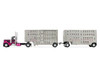 Peterbilt 389 Day Cab and 28' Wilson Silverstar Double Livestock Trailers Black with Magenta Stripes 1/64 Diecast Model First Gear 60-2342