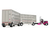 Peterbilt 389 Day Cab and 28' Wilson Silverstar Double Livestock Trailers Black with Magenta Stripes 1/64 Diecast Model First Gear 60-2342