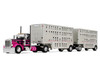 Peterbilt 389 Day Cab and 28' Wilson Silverstar Double Livestock Trailers Black with Magenta Stripes 1/64 Diecast Model First Gear 60-2342
