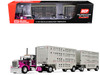 Peterbilt 389 Day Cab and 28' Wilson Silverstar Double Livestock Trailers Black with Magenta Stripes 1/64 Diecast Model First Gear 60-2342