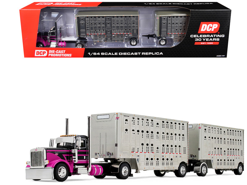 Peterbilt 389 Day Cab and 28' Wilson Silverstar Double Livestock Trailers Black with Magenta Stripes 1/64 Diecast Model First Gear 60-2342