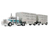 Peterbilt 389 with 36" Flat Top Sleeper and 28' Wilson Silverstar Double Livestock Trailers White with Dark Teal Stripes 1/64 Diecast Model First Gear 60-2343