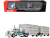 Peterbilt 389 with 36" Flat Top Sleeper and 28' Wilson Silverstar Double Livestock Trailers White with Dark Teal Stripes 1/64 Diecast Model First Gear 60-2343