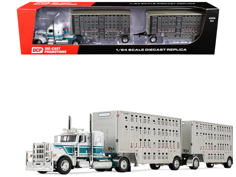 Peterbilt 389 with 36" Flat Top Sleeper and 28' Wilson Silverstar Double Livestock Trailers White with Dark Teal Stripes 1/64 Diecast Model First Gear 60-2343