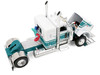 Peterbilt 389 with 36" Flat Top Sleeper and 28' Wilson Silverstar Double Livestock Trailers White with Dark Teal Stripes 1/64 Diecast Model First Gear 60-2343