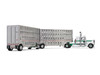 Peterbilt 389 with 36" Flat Top Sleeper and 28' Wilson Silverstar Double Livestock Trailers White with Green Stripes 1/64 Diecast Model First Gear 60-2433