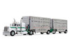 Peterbilt 389 with 36" Flat Top Sleeper and 28' Wilson Silverstar Double Livestock Trailers White with Green Stripes 1/64 Diecast Model First Gear 60-2433