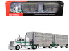 Peterbilt 389 with 36" Flat Top Sleeper and 28' Wilson Silverstar Double Livestock Trailers White with Green Stripes 1/64 Diecast Model First Gear 60-2433