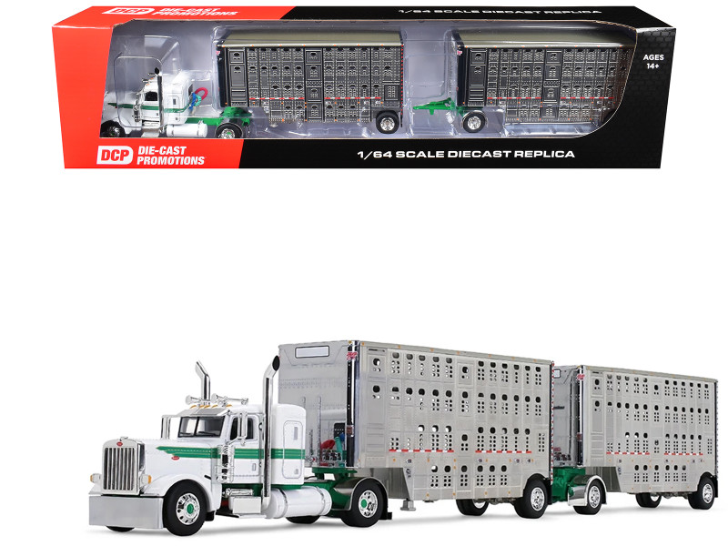 Peterbilt 389 with 36" Flat Top Sleeper and 28' Wilson Silverstar Double Livestock Trailers White with Green Stripes 1/64 Diecast Model First Gear 60-2433