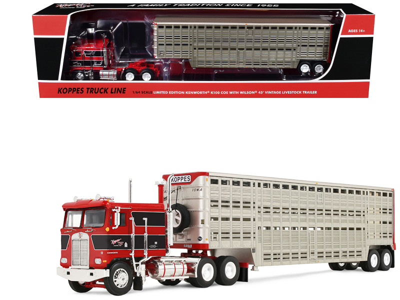 Kenworth K100 COE Flat Top and 45' Wilson Vintage Livestock Trailer Koppes Truck Line Red with Black Stripes 1/64 Diecast Model First Gear 69-2432