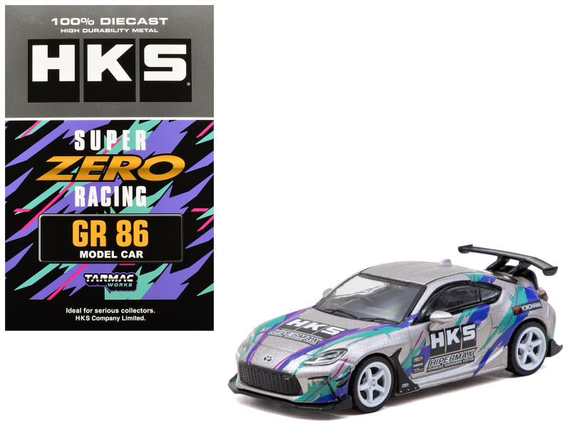 Toyota GR86 RHD Right Hand Drive HKS Gray Metallic with Graphics and Metal Oil Can Packaging Global64 Series 1/64 Diecast Model Car Tarmac Works T64G-038-GY