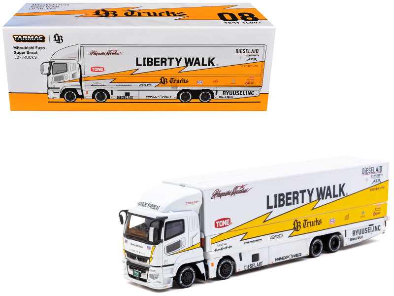 Mitsubishi Fuso Super Great Truck RHD Right Hand Drive with Transporter Liberty Walk White with Yellow Graphics Truck64 Series 1/64 Diecast Model Car Tarmac Works T64T-TL001-LBY