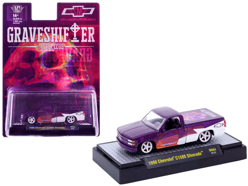1990 Chevrolet C1500 Silverado Pickup Truck Graveshifter Motor Club Purple with Graphics and 3D Glasses Limited Edition to 18018 pieces Worldwide 1/64 Diecast Model Car M2 Machines 31500-HS84