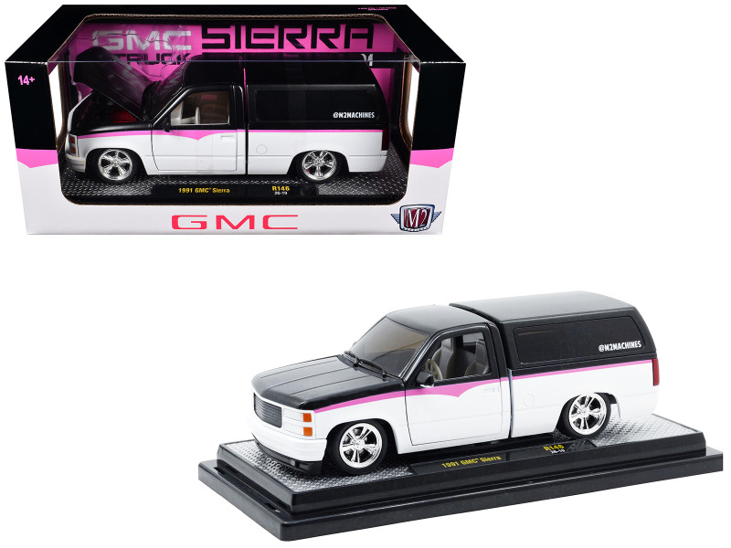 1991 GMC Sierra Pickup Truck with Camper Shell Black and White with Pink Stripes Limited Edition to 4850 pieces Worldwide 1/24 Diecast Model Car M2 Machines 40300-146A