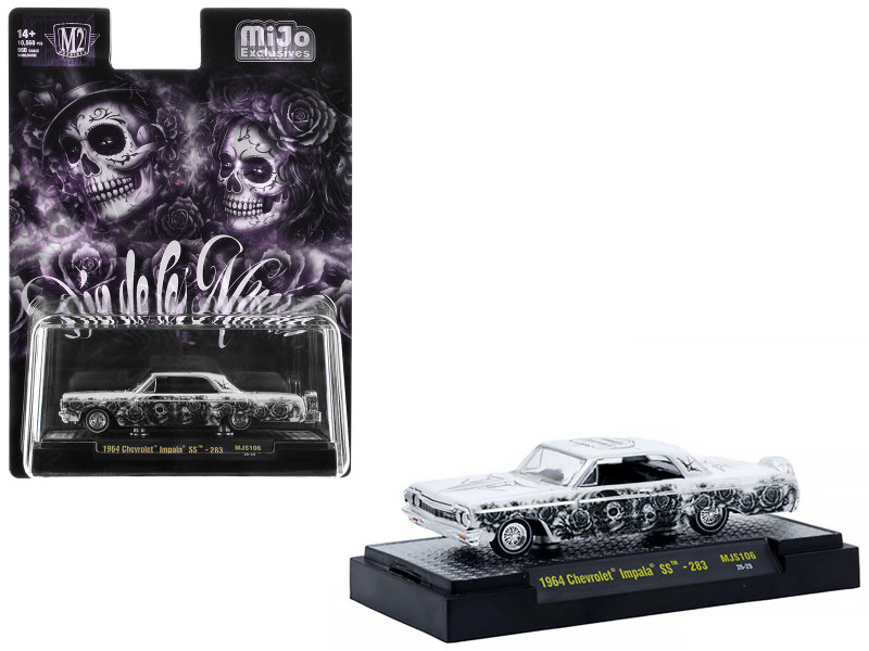1964 Chevrolet Impala SS Dia De Los Muertos White with Graphics Limited Edition to 10560 pieces Worldwide 1/64 Diecast Model Car M2 Machines 31500-MJS106