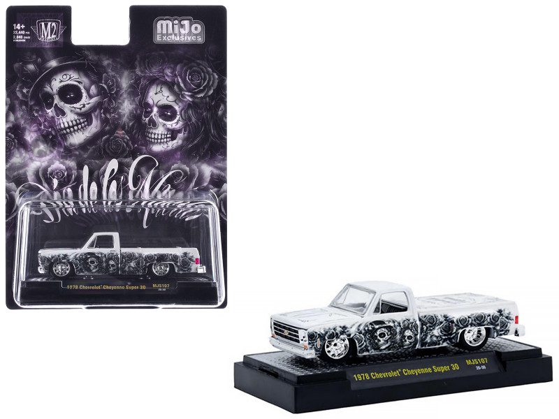 1978 Chevrolet Cheyenne Super 30 Pickup Truck Dia De Los Muertos White with Graphics Limited Edition to 10560 pieces Worldwide 1/64 Diecast Model Car M2 Machines 31500-MJS107