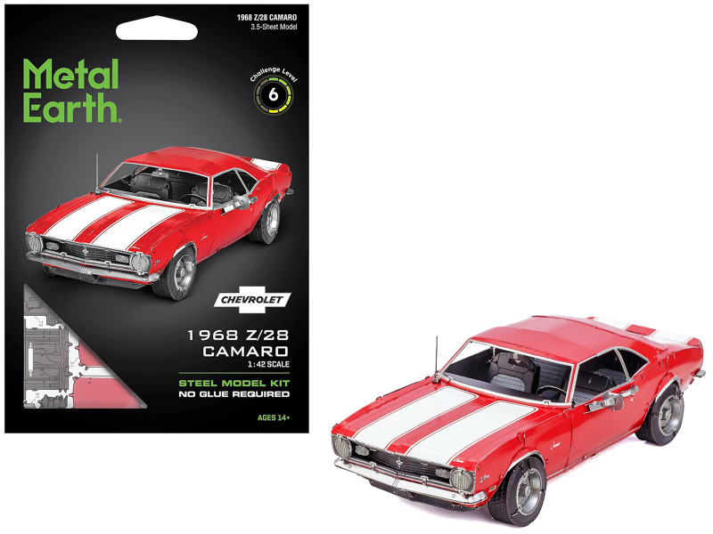 Model Kit 1968 Chevrolet Camaro Z/28 Red with White Stripes Moderate Difficulty Steel Model Metal Earth ME1052