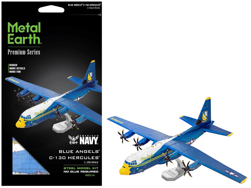 Model Kit Blue Angels C-130 Hercules Aircraft Palm Springs Air Museum Blue and White with Yellow Stripes Premium Series Moderate Difficulty Steel Model Metal Earth PS2027