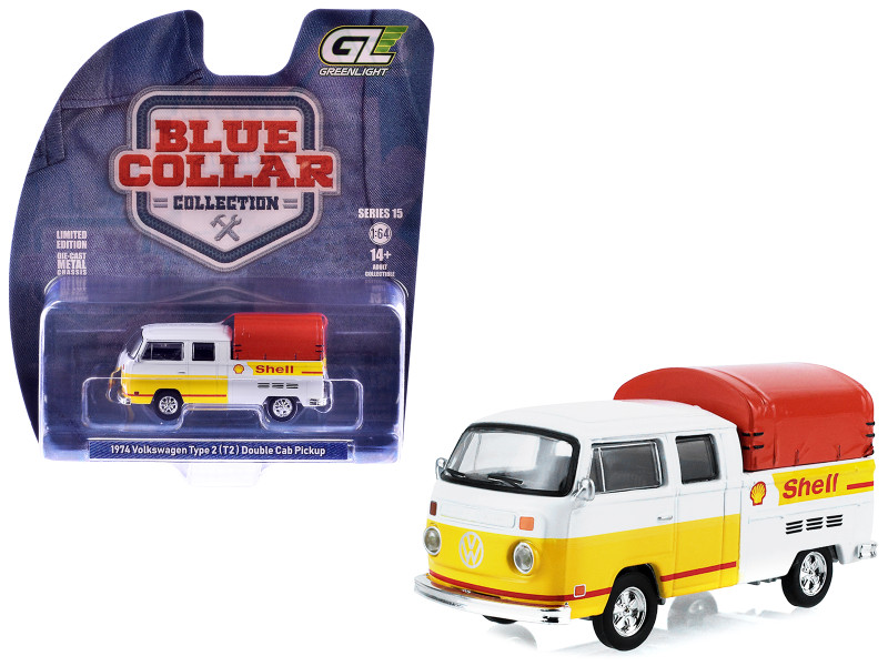 1974 Volkswagen T2 Doka Crew Cab Pickup Truck with Canopy Shell Oil White and Yellow with Red Canopy Blue Collar Collection Series 15 1/64 Diecast Model Car Greenlight 35320B