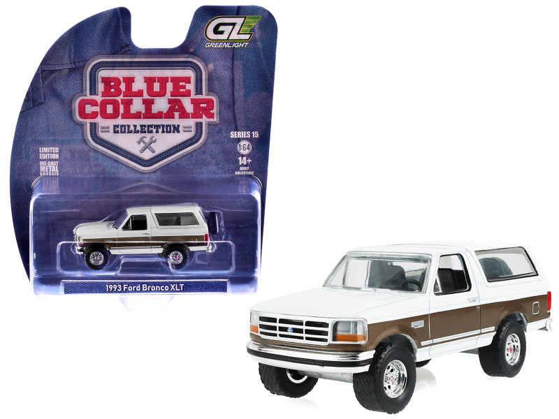 1993 Ford Bronco XLT Oxford White with Medium Mocha Side Stripes Blue Collar Collection Series 15 1/64 Diecast Model Car Greenlight 35320F