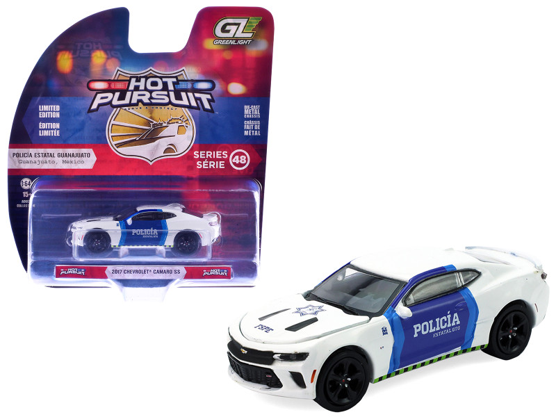 2017 Chevrolet Camaro Police Car Policia Estatal GTO Guanajuato Mexico White with Blue Doors Hot Pursuit Series 48 1/64 Diecast Model Car Greenlight 43060D