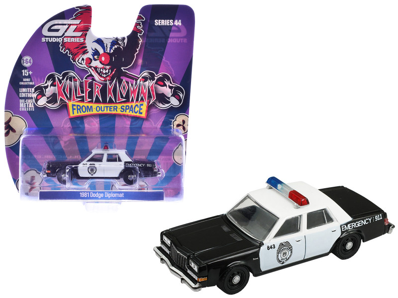 1981 Dodge Diplomat Police Car Black and White Killer Klowns from Outer Space 1988 Movie Hollywood Series Series 44 1/64 Diecast Model Car Greenlight 62050F