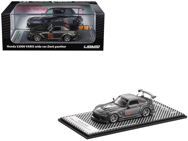 Honda S2000 Varis Wide Version Dark Panther RHD Right Hand Drive Dark Gray Metallic with Carbon Hood 1/64 Diecast Model Car Liomio LI64-HSVW-001