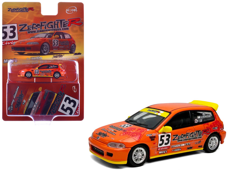 Honda Civic EG6 RHD Right Hand Drive #53 ZeroFighter Orange with Graphics 1/64 Diecast Model Car Model Model MM64-EG6-002