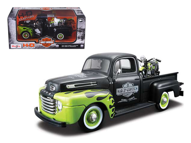 1948 Ford F-1 Pickup Truck Harley Davidson With 1948 FL Panhead Motorcycle Black/Green 1/24 Maisto 32171