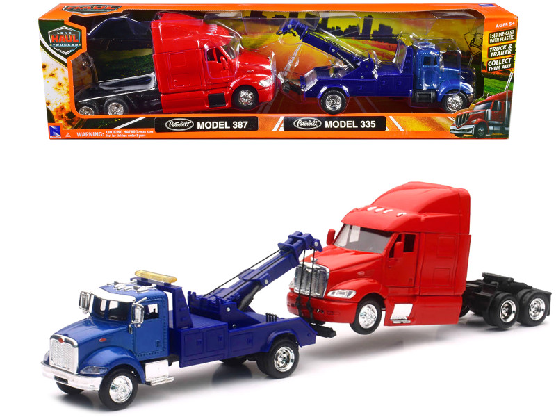 Peterbilt Model 335 Tow Truck Blue and Peterbilt Model 387 Cab Red 1/43 New Ray SS-15053