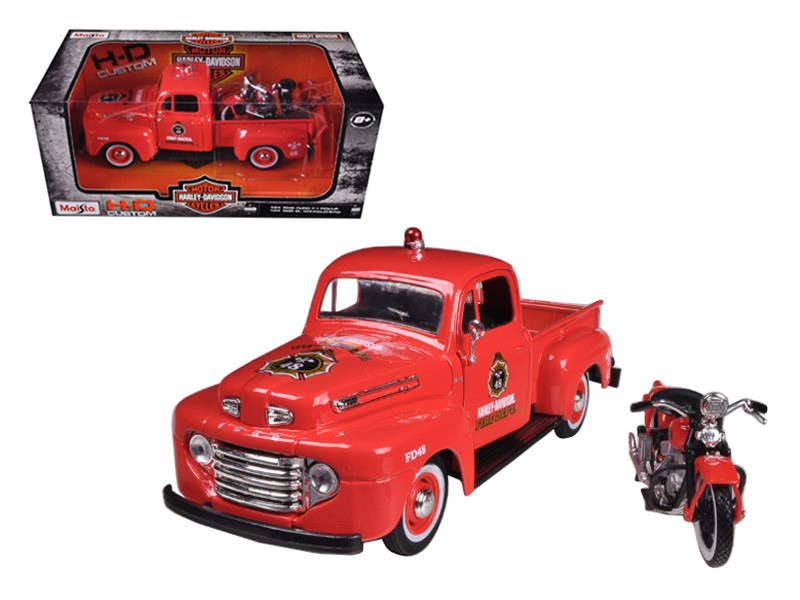 1948 Ford F-1 Pickup Truck Harley Davidson Fire With 1936 El Knucklehead Harley Davidson Motorcycle 1/24 Diecast Model Maisto 32191