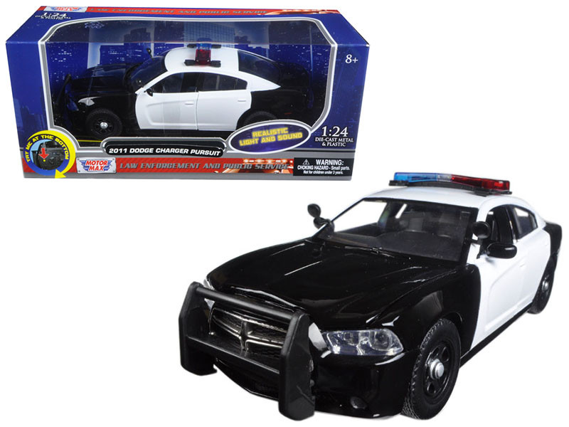 2011 Dodge Charger Pursuit Police Car Black and White with Flashing Light Bar Front and Rear Lights and 2 Sounds 1/24 Diecast Model Car Motormax 79533