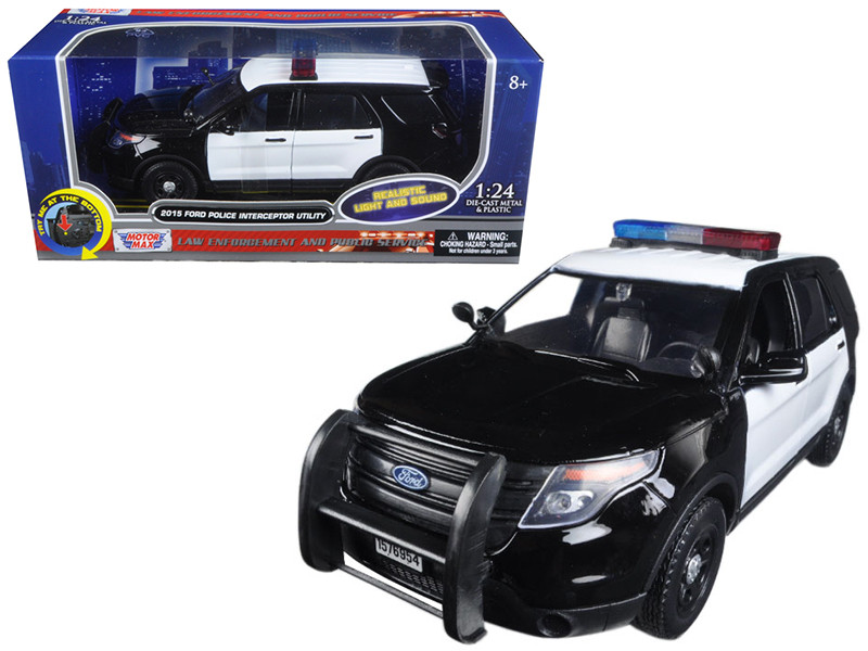 2015 Ford Police Interceptor Utility Black and White with Flashing Light Bar Front and Rear Lights and 2 Sounds 1/24 Diecast Model Car Motormax 79536