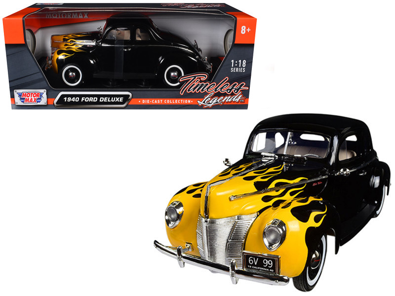 1940 Ford Deluxe Black with Yellow Flames Timeless Classics 1/18 Diecast Model Car Motormax 73108