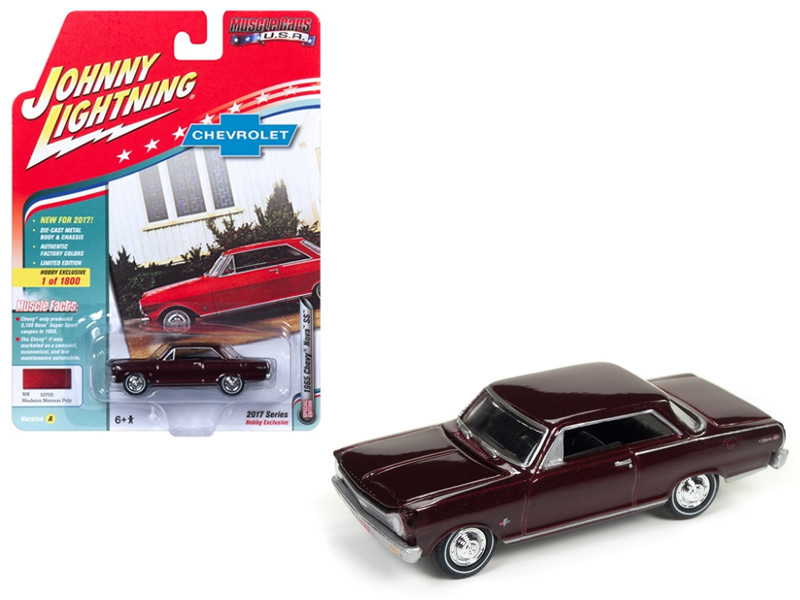 1965 Chevrolet Nova SS Madeira Maroon Poly Limited Edition to 1800pc Worldwide Hobby Exclusive Muscle Cars USA 1/64 Diecast Model Car Johnny Lightning JLMC010 A
