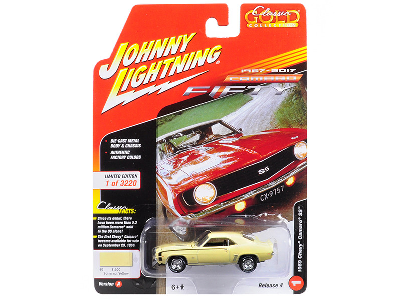 1969 Chevrolet Camaro SS Butternut Yellow 50th Anniversary Limited Edition to 3220pc Worldwide Muscle Cars USA 1/64 Diecast Model Car Johnny Lightning JLCP7052
