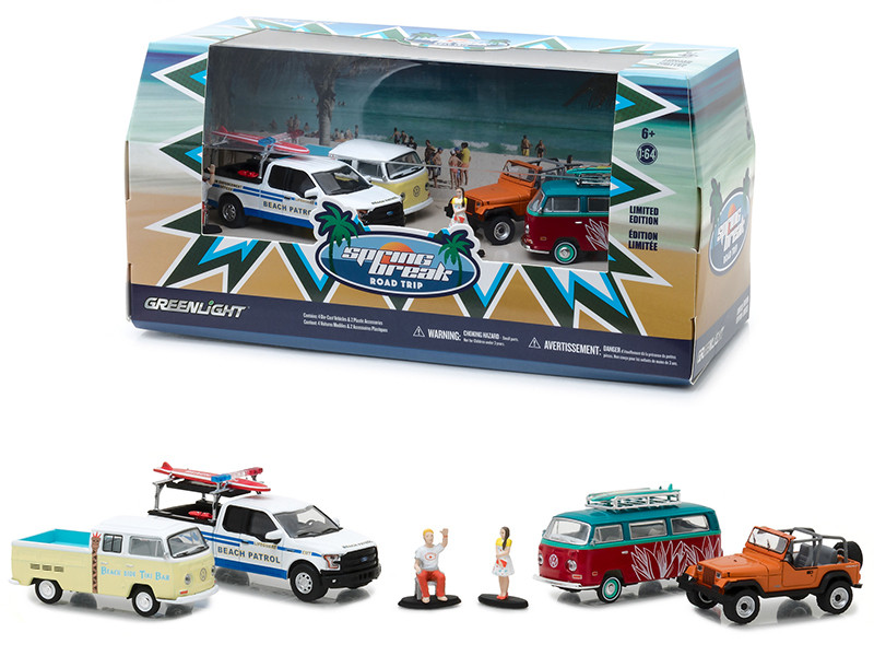 Spring Break Road Trip 6 pieces Set Multi Car Diorama with Figurines 1/64 Diecast Model Cars Greenlight 58047